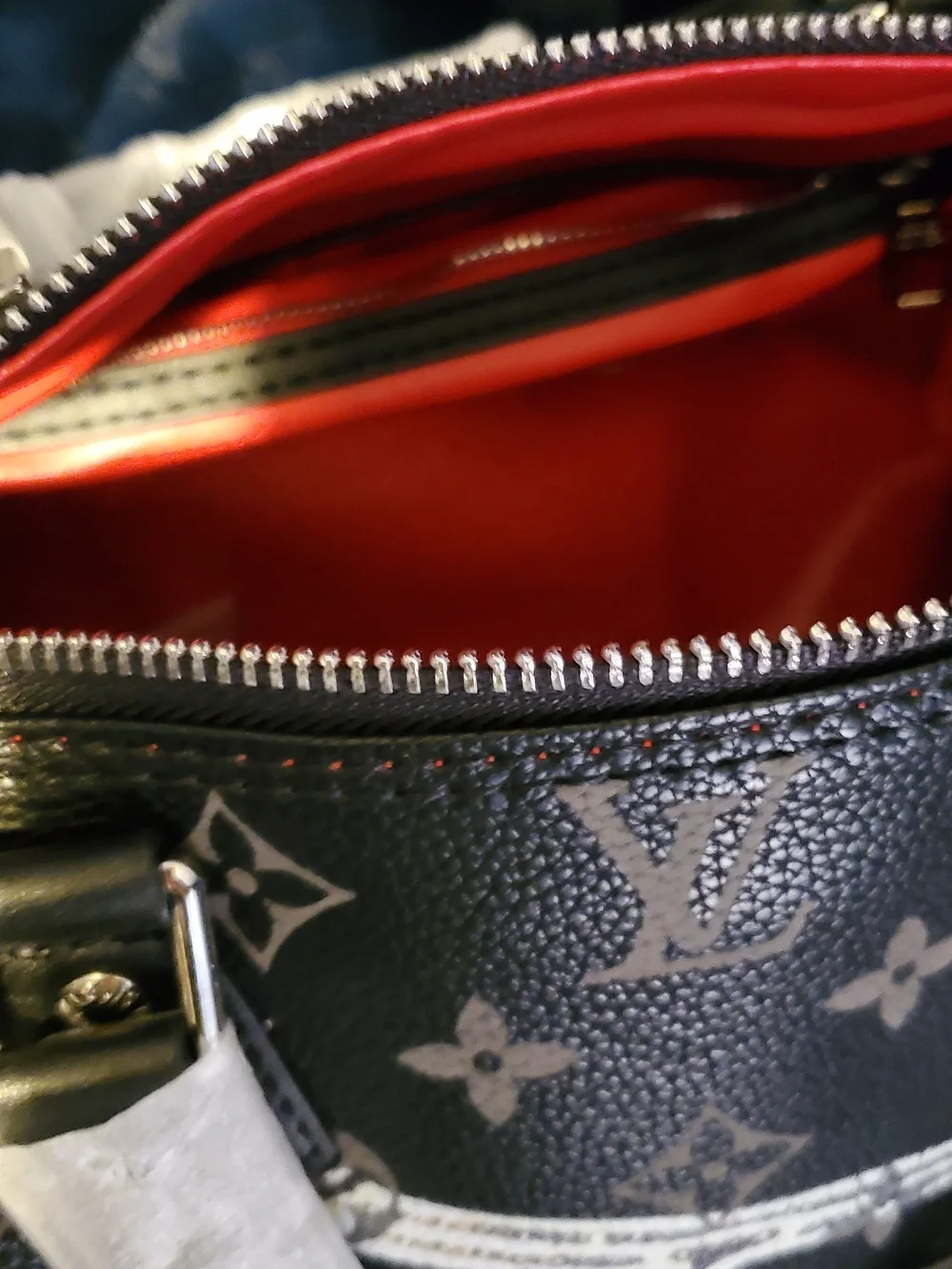 Monogram Print Black Satchel with Trunk Graphic and Chain Pouch